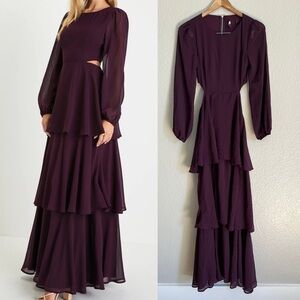 NWOT Garden Bliss Plum Purple Cutout Long Sleeve Tiered Maxi Dress